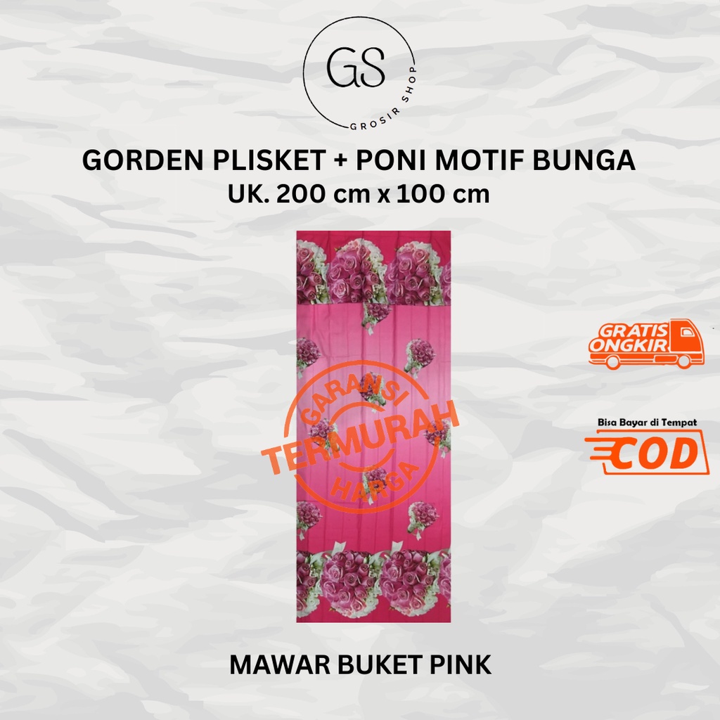 GORDEN PLISKET JENDELA DENGAN PONI MOTIF BUNGA MAWAR BUKET WARNA PINK