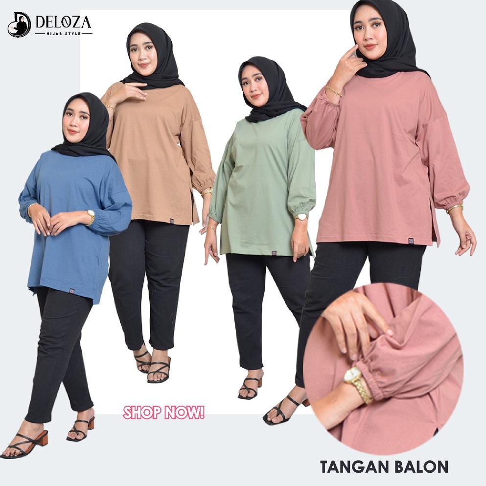 TERPERCAYA Top Deloza Oversized Tangan Balon Blouse Kaos Polos Wanita Jumbo