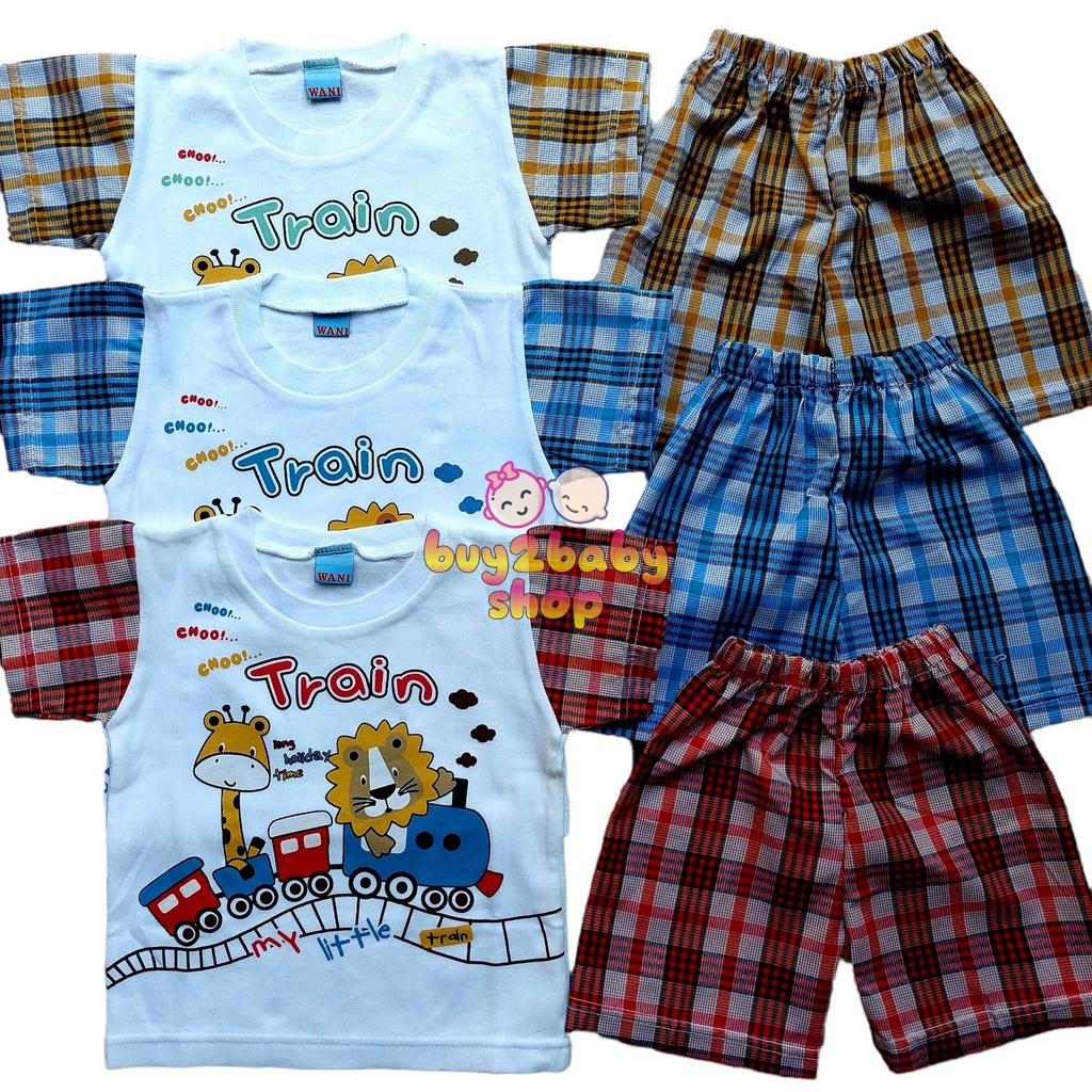 Baju lebaran anak setelan kaos celana pendek bahan katun kotak2 fun series usia 1-2 Tahun