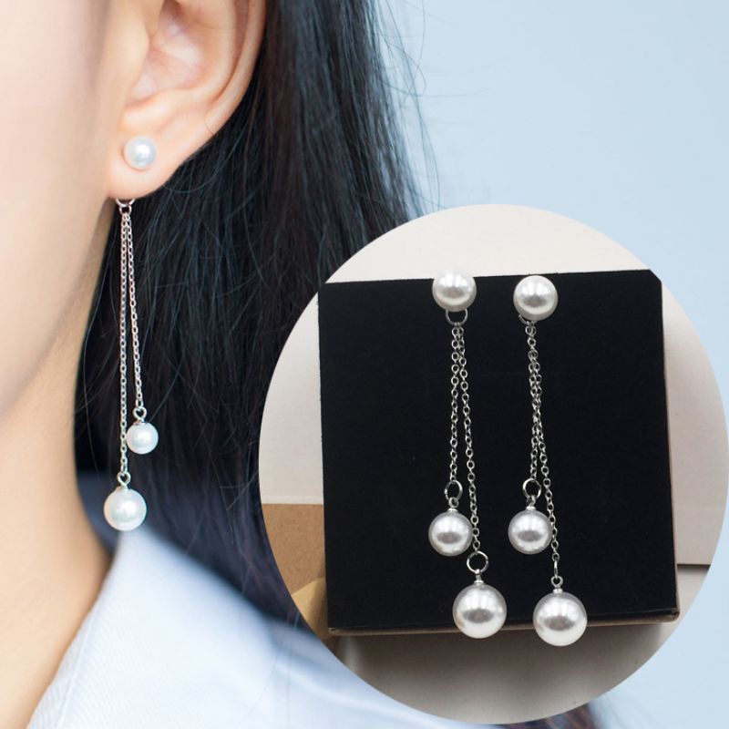 Anting Hijab Juntai Mutiara Double Rantai Undak Unik Gaya Korea