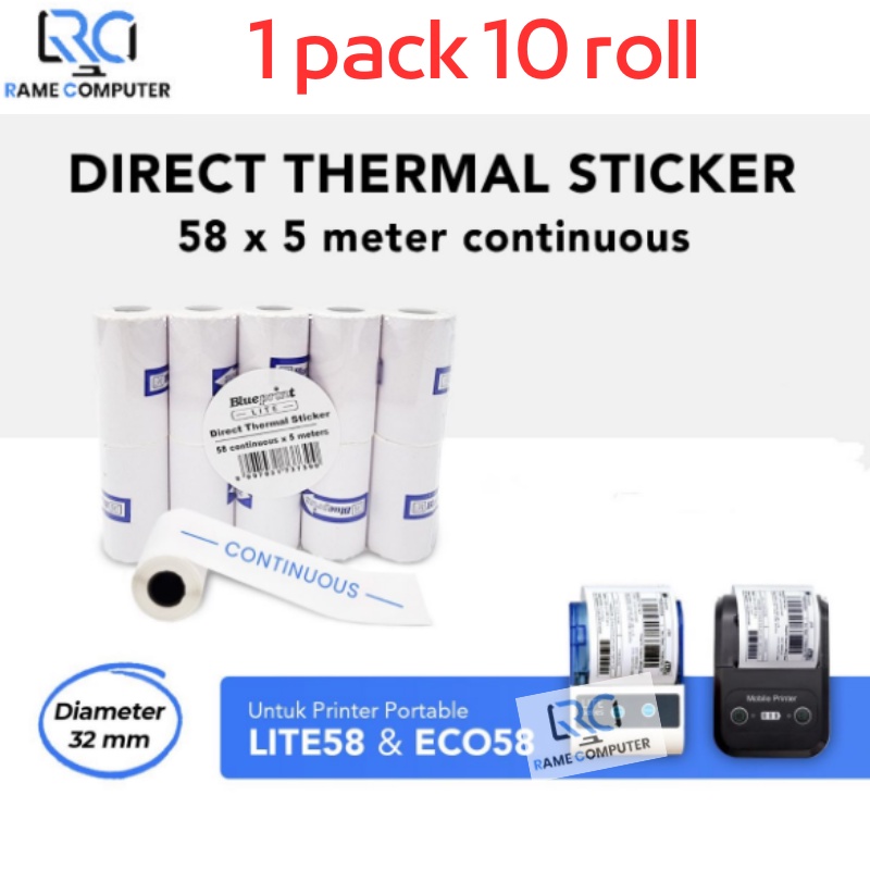 10 roll Direct Thermal Sticker Label BLUEPRINT 58x5 Meter Continuous - 1 Roll Dts 58 x 5 meter