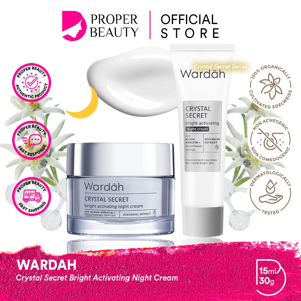 WARDAH Crystal Secret Bright Activating Night Cream Indonesia / Pelembab Wajah 9ml 15ml 30g / With Alpha Arbutin + Brightening Peptide Edelweiss Extract / Moisturizes &amp; Nourishes For Crystal Bright Skin / Skincare Face Care Series / Pagi Malam Day Krim