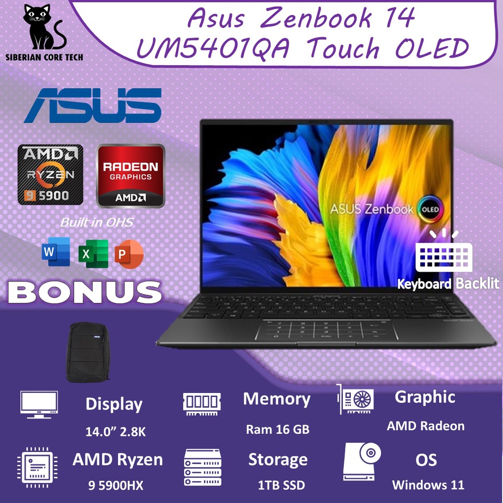 ASUS ZENBOOK 14 OLED UM5401QA OLED913 TOUCH RYZEN 9 5900HX 16GB 1TBSSD VEGA W11+OHS 14.0 2.8K FP PEN BLK