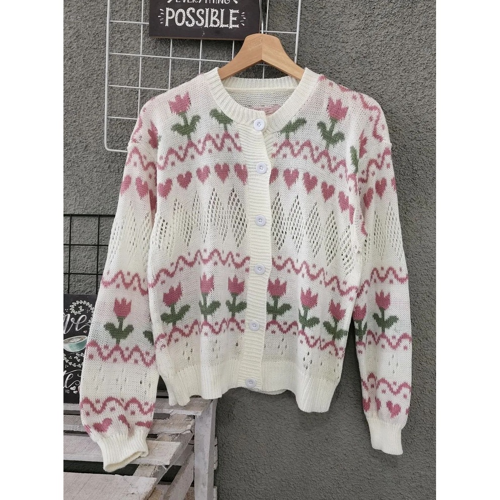 Cardigan Wanita Summer Love Laccy Kardigan Korea Vintage Love Bunga Rajut