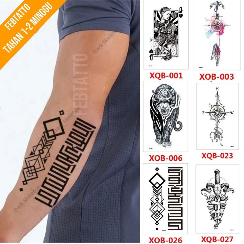 Tato Temporer Ukuran 21cmx11cm Motif Aesthetic Tatto Temporary Stiker Tato Halal Grosir Tato air motif perempuan, jangkar, macan, aksara, pedang, tanduk XQB 026