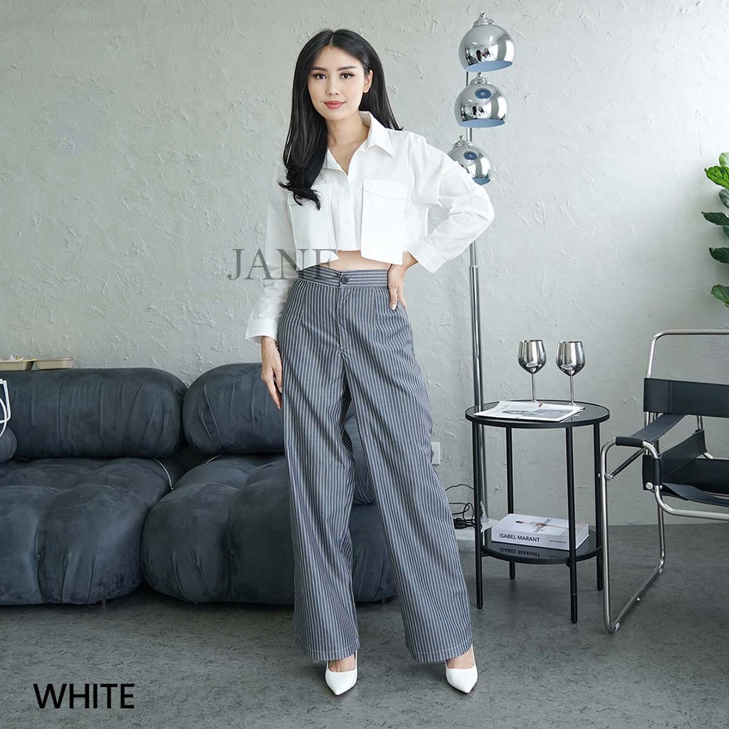 JANE COLLECTION || Kemeja Wanita Hitam Katun Blouse Cewek Kasual Kancing Crop Top Shirt Putih Lengan Panjang Kantong Cotton Kemeja Pocket Rina Fuschia