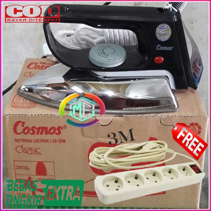 Setrika Teflon Gosokan Iron Cosmos CI318 freee stop kontak 5lubang 3meter