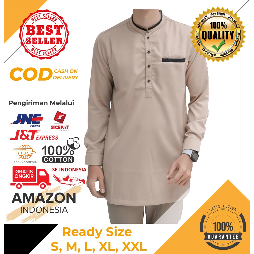 Baju Koko Kurta Dewasa Lengan Panjang Warna Cream Material Catton Toyobo Adem Serap Keringat