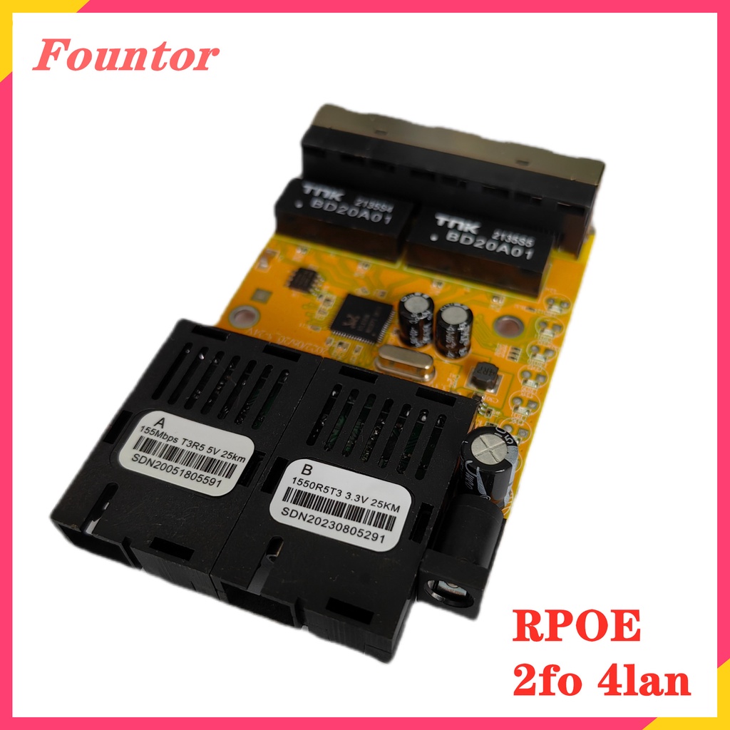 10/100Mbps RPOE 2FO 4LAN Fiber Switch 2sc 4rj45 PCBA Fiber Media Converter Yellow Color PCBA