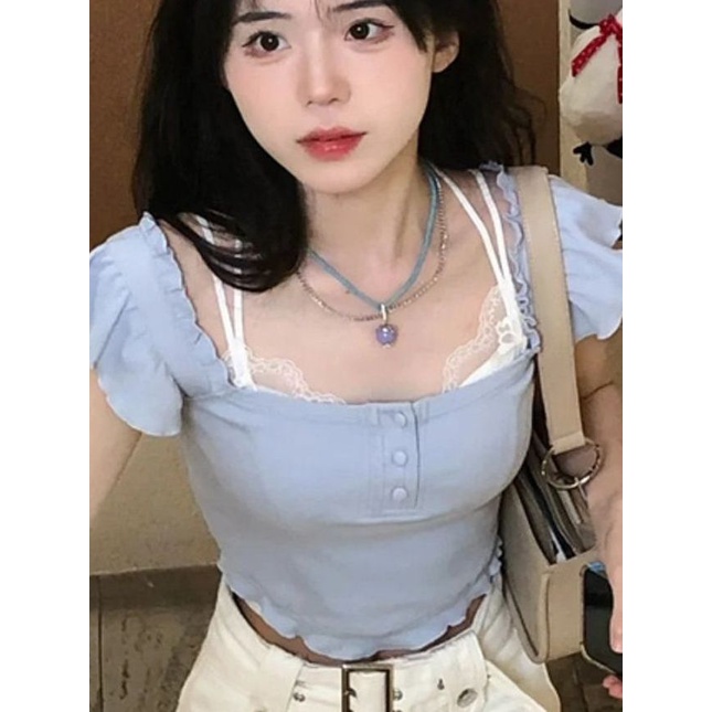 Red French square collar short-sleeve women s design sense niche pure desire sweet hot girl navel short short slim fit chic top with small flying sleeves