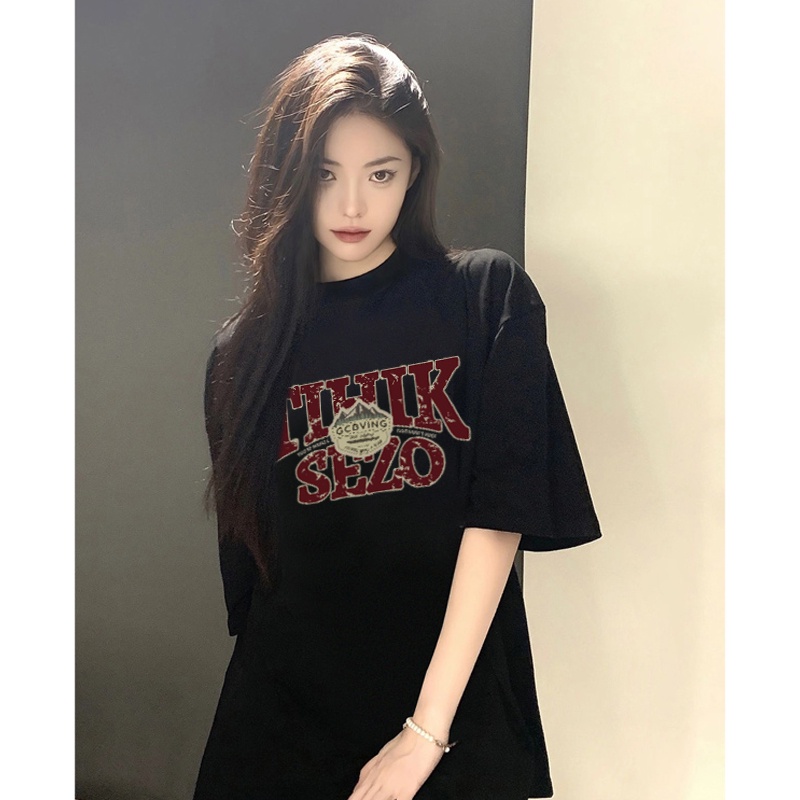 American Retro Lengan Pendek Motif T-shirt Import Oversize Letter Rap Hip hop Printed Baju Atasan Wanita