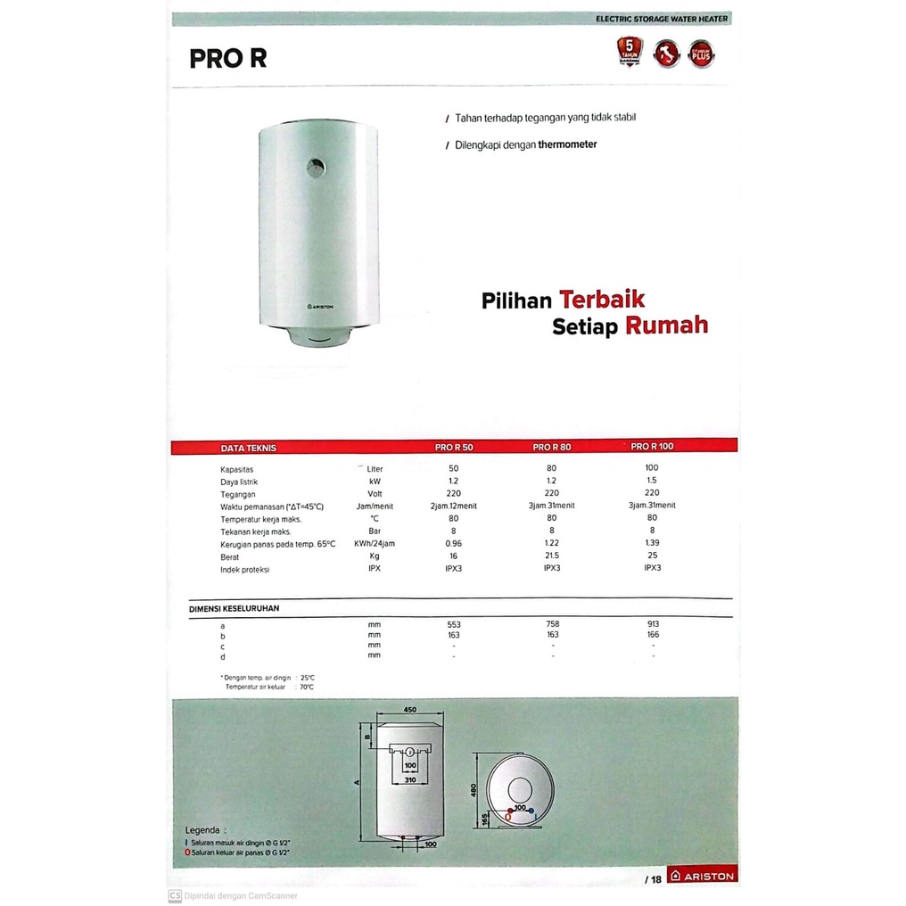 Ariston Pro R 80 Liter Water Heater Listrik 1200 Watt Vertikal Pemanas Air Mandi