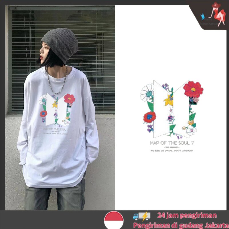 Korean Print Kaos Wanita Oversize Lengan Panjang Casual T Shirts