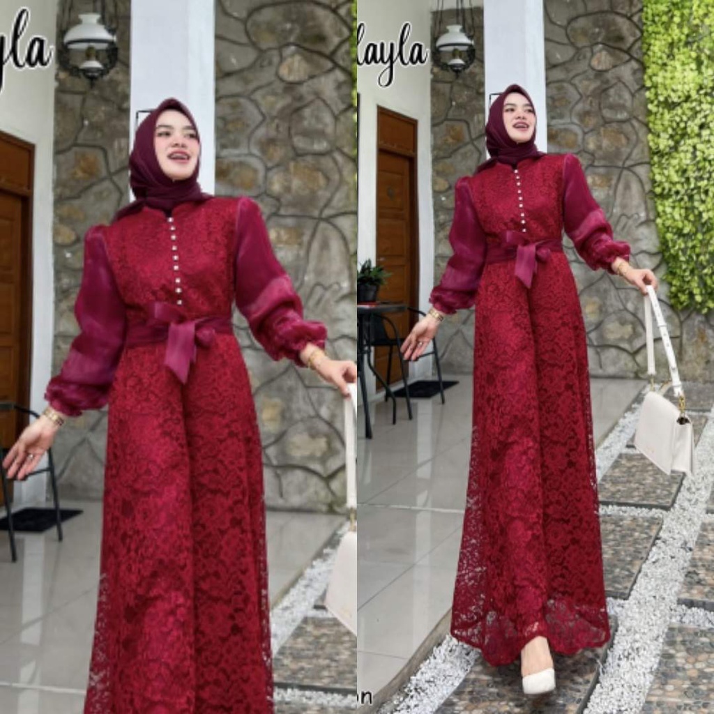 ELDE 12 - Maxy Dress Kalayla ( M - L - XL ) Maxi Gamis Bahan Brukat Corneli Premium Lapis Furing Depan Blkg Kombi Organza Import , Sleting Blkg Depan Kancing Variasi + Ada Tali Belt Organza