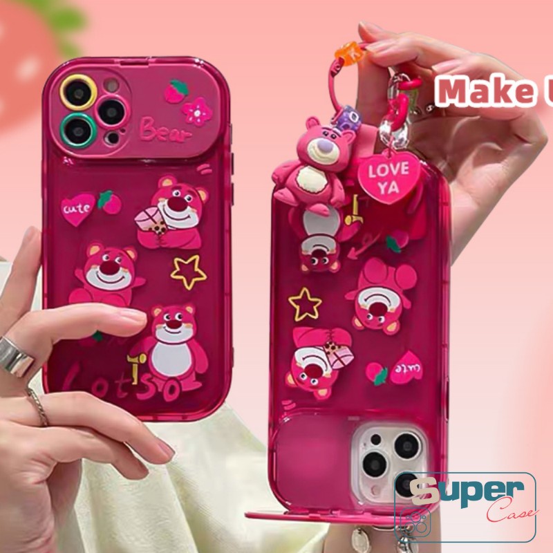 IPHONE Casing Ponsel Cermin Make Up Flip Kreatif Kompatibel Untuk Iphone11Xr X13 12 14 Pro Max7 8 14 Plus XS MAX SE Kartun Lucu Strawberry Bear Manyo Lembut TPU Rose Red Silicon Case