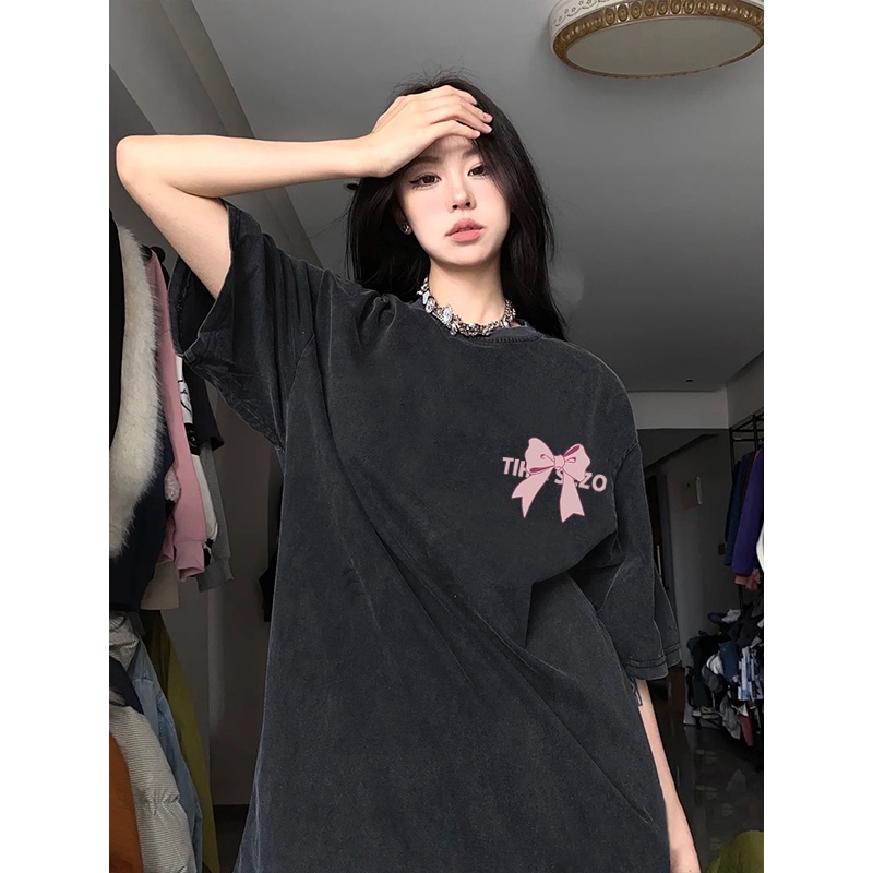 Vintage T-shirt Hitam Washed Oversize Kaos Lengan Pendek Baju Wanita Korean Style A0002