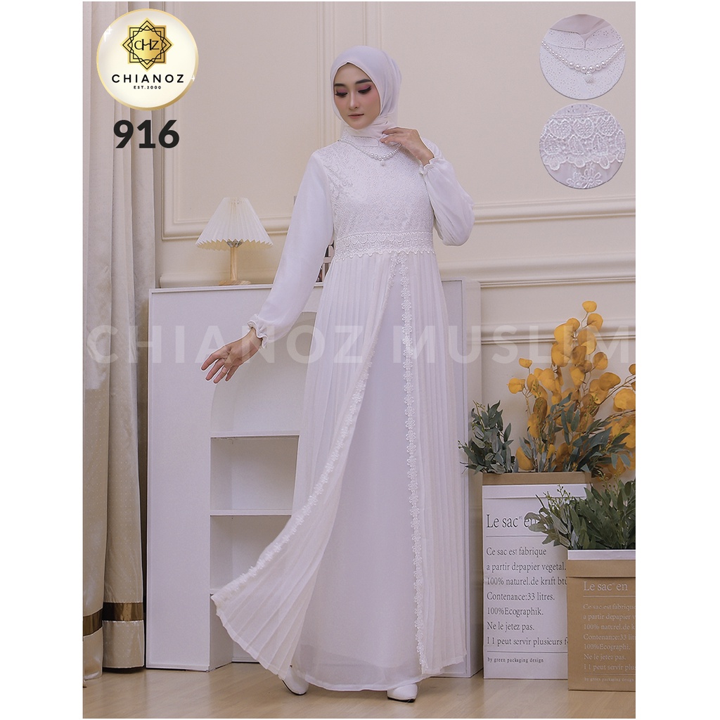 CHIANOZ Gamis Putih Mewah Ohara Dress Brukat Renda Baju Lebaran Umroh Haji Manasik Pesta Akad 916