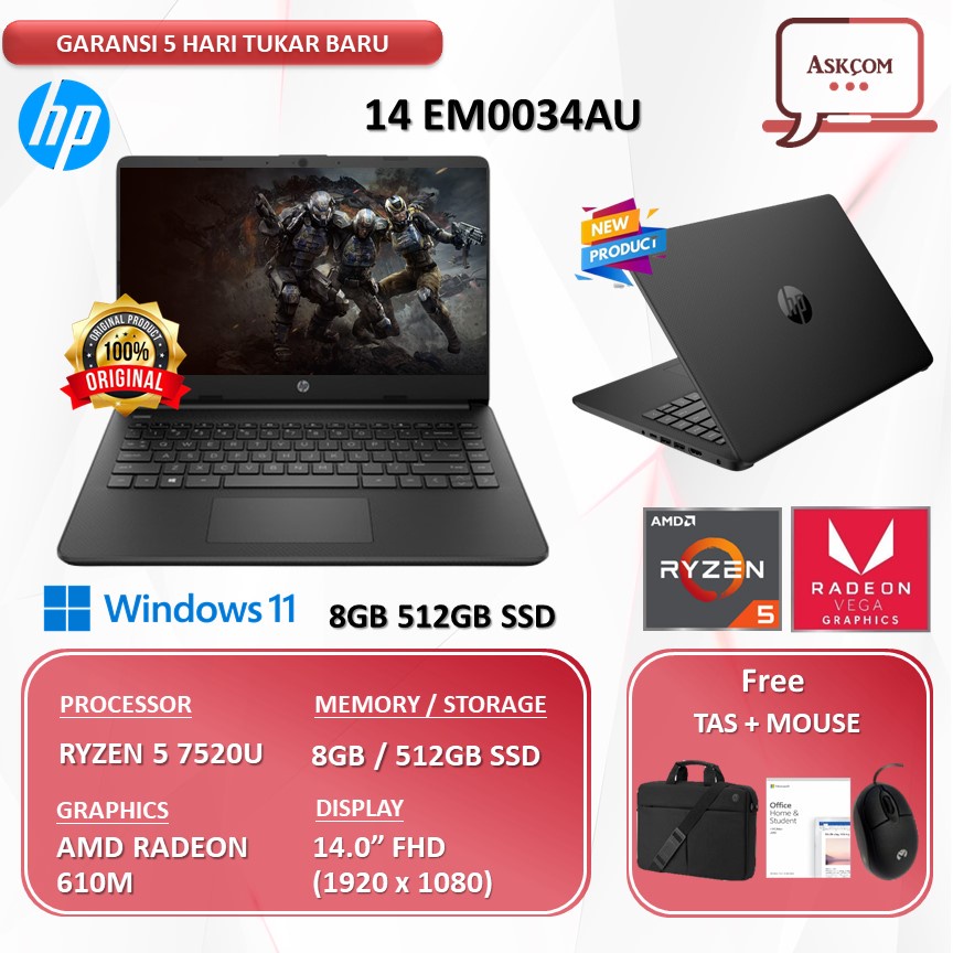 Laptop HP 14 EM0034AU RYZEN 5 7520U 8GB 512GB SSD RADEON 610M W11 OHS 14.0FHD IPS