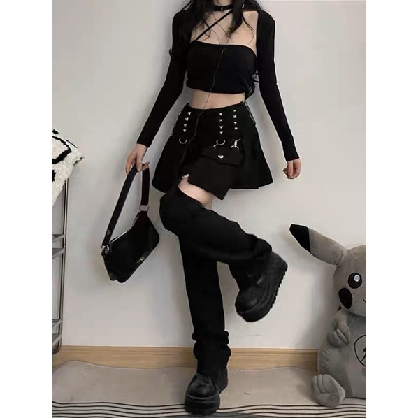 Women's Gothic Punk High Waist Fold Up Mini Skirt with Straight Pants (S/M/L) 8744