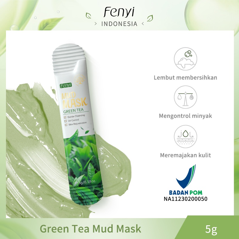 BPOM Fenyi Green Tea Mud Mask Sachet Membersihkan Komedo Mendalam Mud Mask Mengontrol Minyak Jerawat 1pc 5g