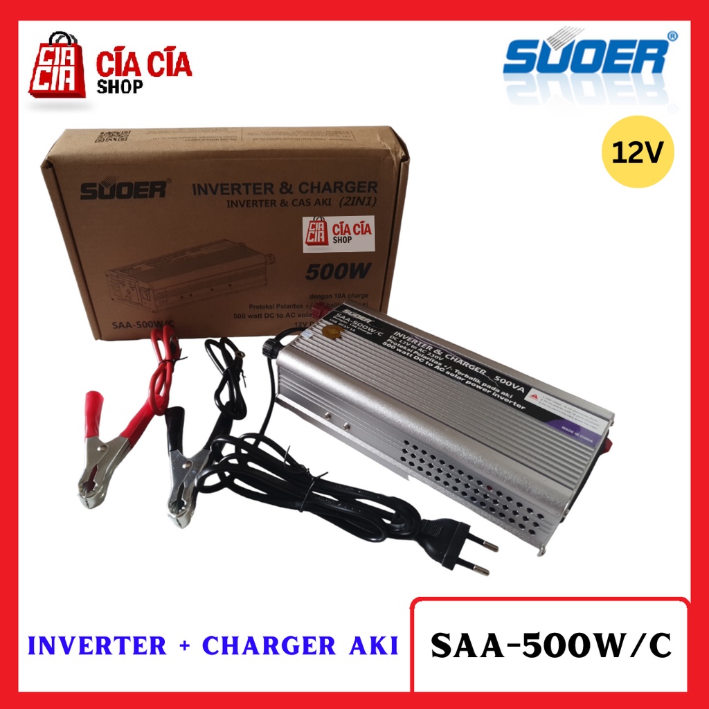 Suoer Inverter 500W Plus Charger Aki 10A SAA-500W/C Power Inverter 500 Watt Charger Aki 10A Suoer