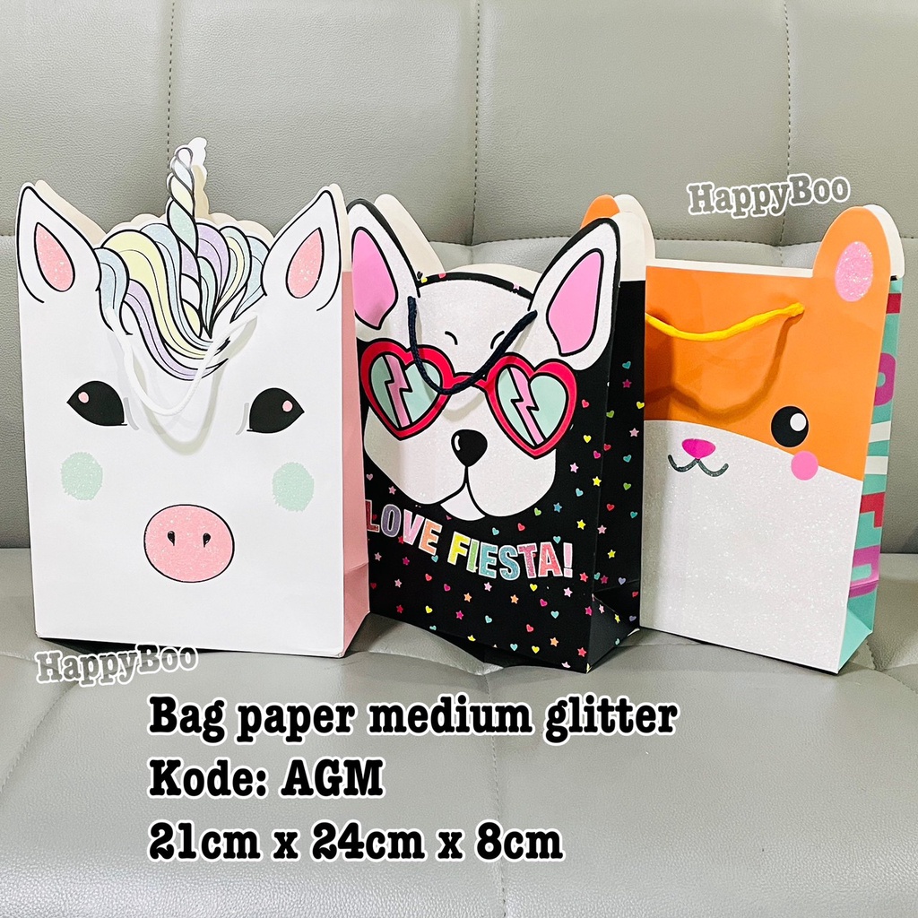 bag paper bag gift tas kado kertas goodie bag animal glitter medium 21x24x8cm AGM