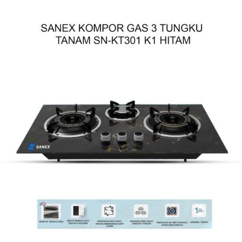 Sanex Kompor Gas Kaca 3 Tungku 2in1 (Tanam/Meja) MARBLE Series