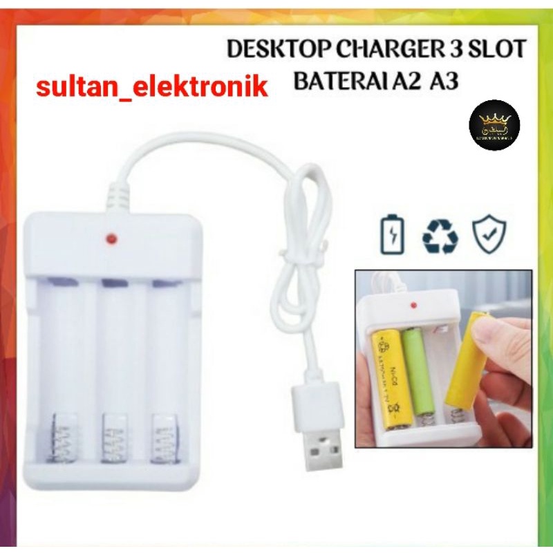 Desktop Charger Baterai Isi Ulang 3 Slot A2 A3 AA AAA Rechargeable Kabel USB  dan baterai cas /isi ulang A2  A3