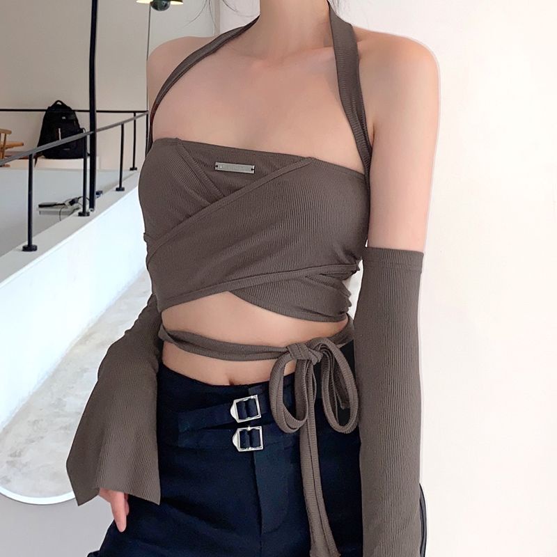 Red SylCue Gaya Eropa dan Amerika dalam desain selempang leher gantung satu bahu rasa ceruk memakai tali silang atas tabung atas