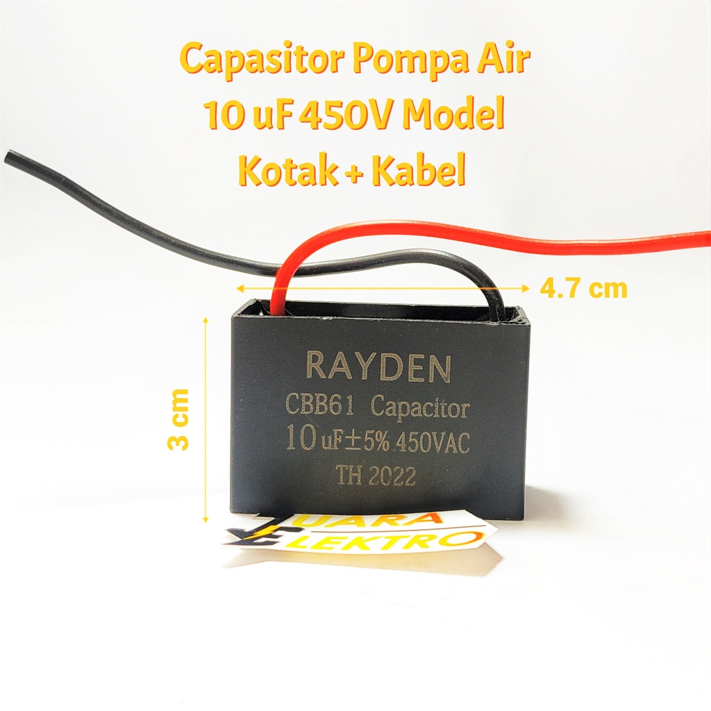 Capasitor Pompa Air 10uF/450V Model Kotak + Kabel | Kapasitor Pompa Air 10 uF / 450V RAYDEN