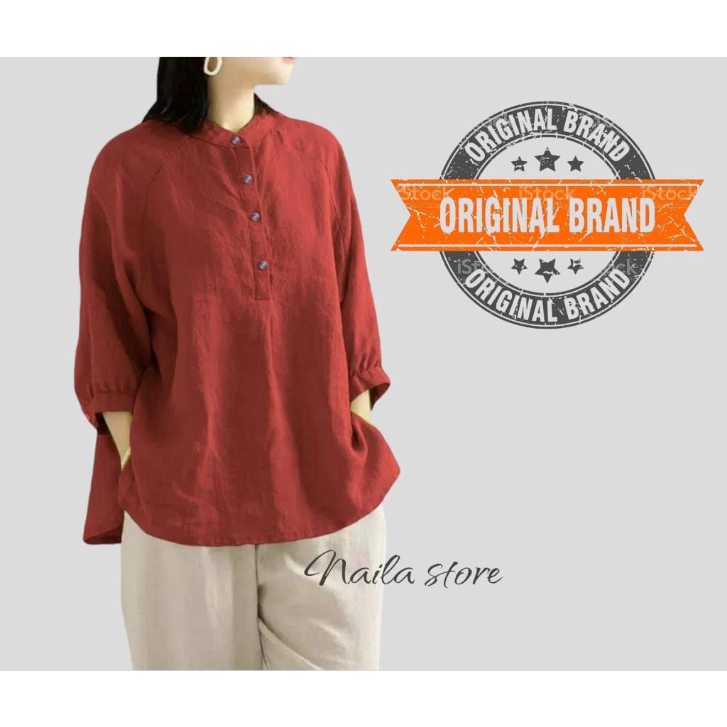 Kemeja Linen Wanita Kerah Shanghai Lengan 3/4 CERIA SHIRT Kancing Dada Hidup Jumbo Big size OOTD Remaja Dewasa Kekinian