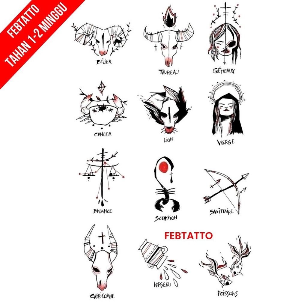 Tato Temporer Kartun Banteng Tato kecil Stiker Tatto - ZODI 1-12