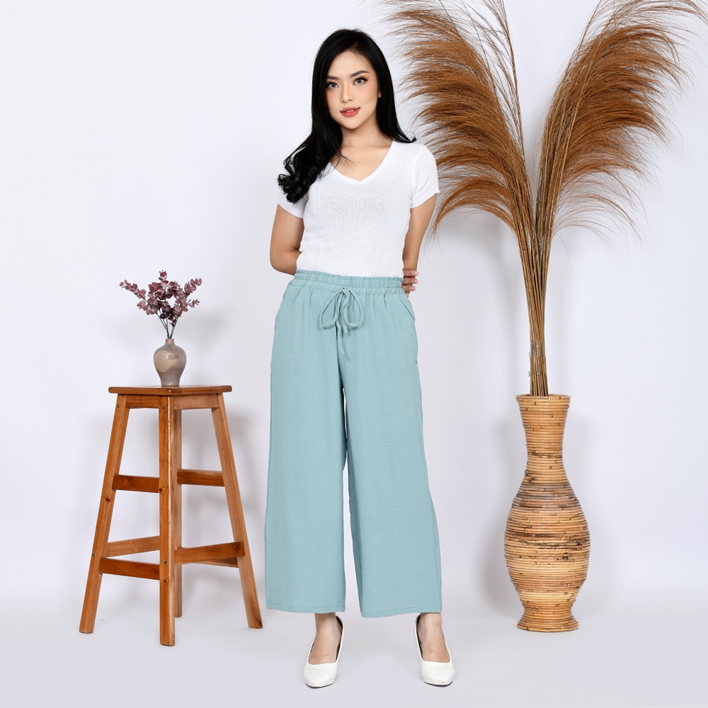 Celana Kulot Wanita Pinggang Karet Highweist bahan Katun Cringkel
