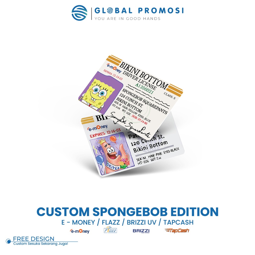 eMoney / Brizzi / E-Money / Flazz Gen 2/ eToll/ TapCash / E-Toll Mandiri Custom  Edition Spongebob driver licenseCetak Print UV Design Bebas Full Color