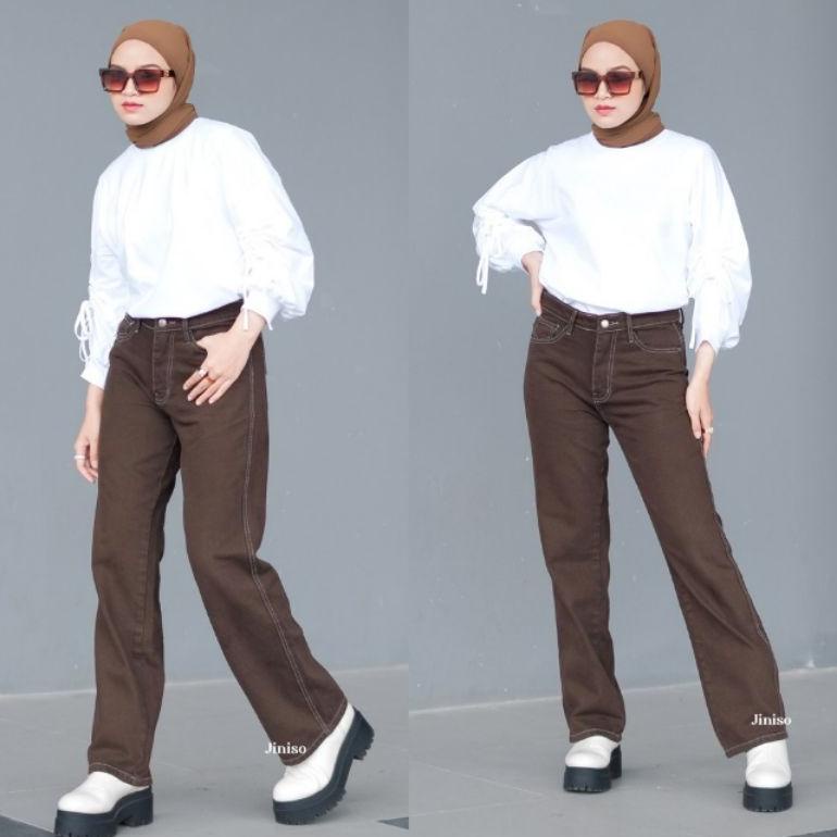 HOT SALE Celana Jeans Wanita Kulot Loose Highwaist Warna Brown Cream