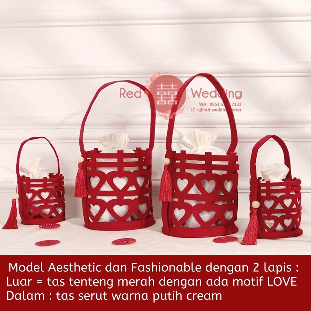 Tas Tenteng Keranjang Shuang Xi Love Merah Sangjit Wedding Non-Woven Bag