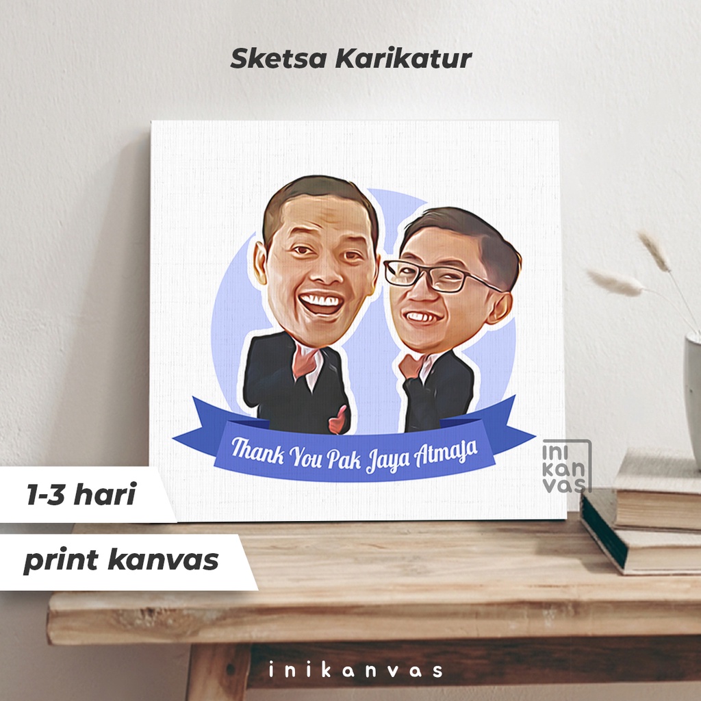 KARIKATUR SKETSA KANVAS 50x 50cm gambar foto wajah wisuda - hadiah kado perpisahan kantor resign