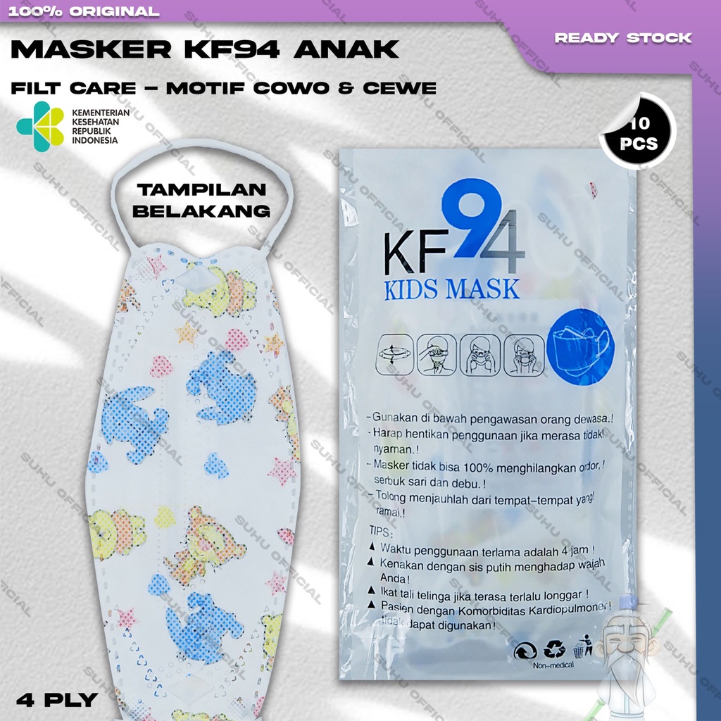 Masker Anak KF94 FILTCARE 4Ply Isi 10Pcs Motif Karakter Kartun Boy Girl KF 94 4 Ply Earloop Surgical Mask