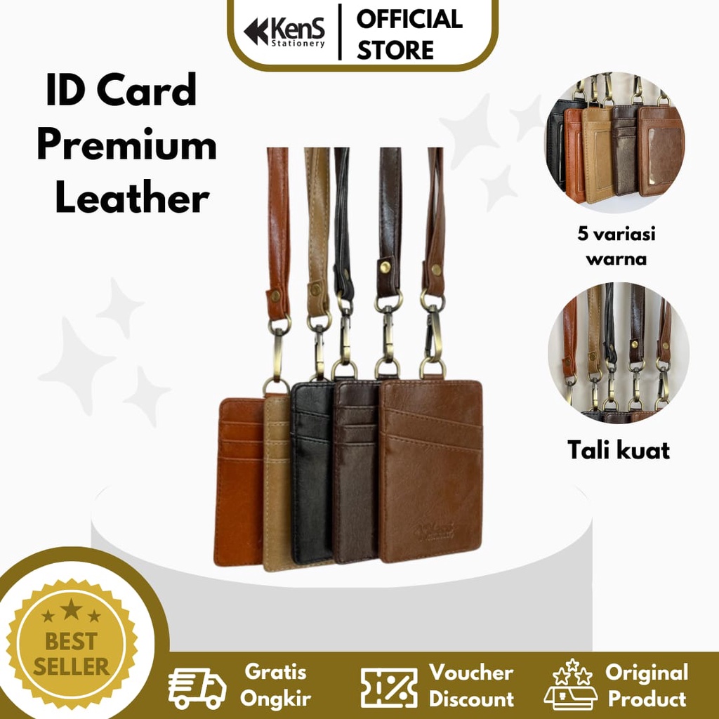 

ID Card Kulit Sintetis Name Tag Lanyard Kulit 3 Slot Kartu Premium Lanyard