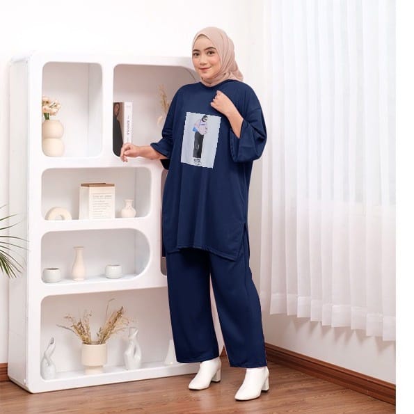 One Set Stelan Wanita Kekinian Sablon Jumbo Oversize Setcel Premium Top Basic Busui