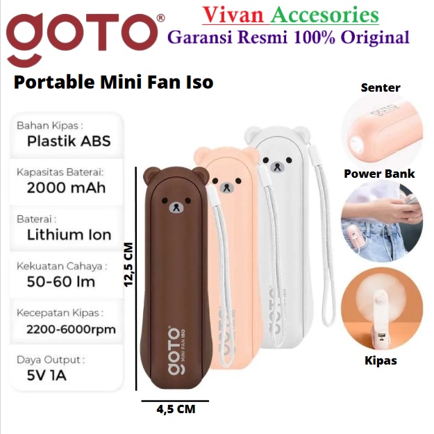 Goto Iso Kipas Angin Lipat Saku Mini Fan Led Usb Powerbank Portable