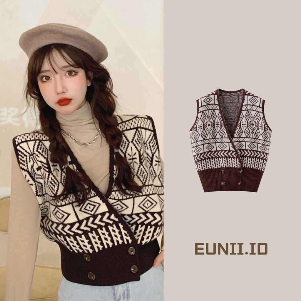 EUNII Rompi Rajut Wanita Retro V-Neck Crop Top Lengan Sweater Korean Style