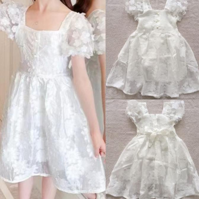 Dress anak putih Bunga 3D import 4-10th gaun babtis pesta lengan balon
