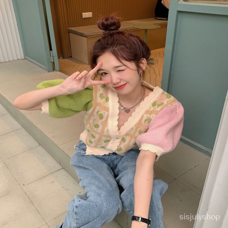 Kardigan rajut n-neck warna kontras wanita musim semi 2023 new loose short top wanita