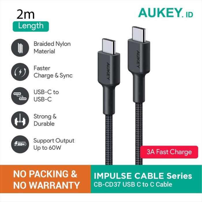 Charger Kabel Aukey Cb-Cd37 Usb C To C 3A 2M (No Packing & No Warranty)