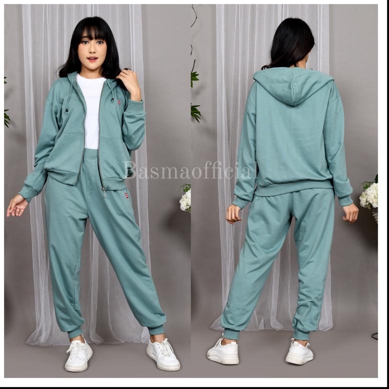 TREN TERBARU Setelan Oneset Uniqlo Sweater Wanita Sweater Polos Set Olahraga Zipper