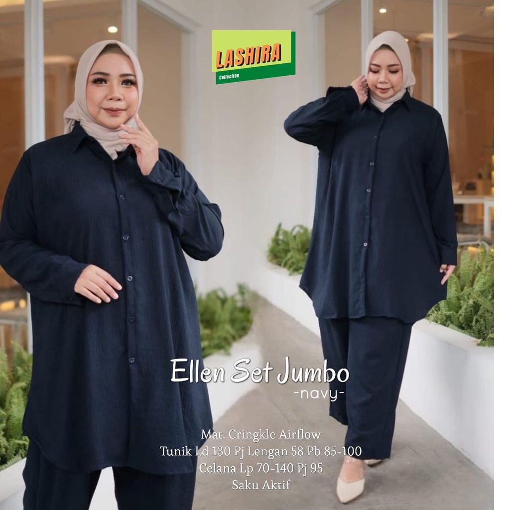 ellen setelan set pakaian baju kemeja 1set tunik longtunik kulot pinggang karet panjang jumbo ld 130