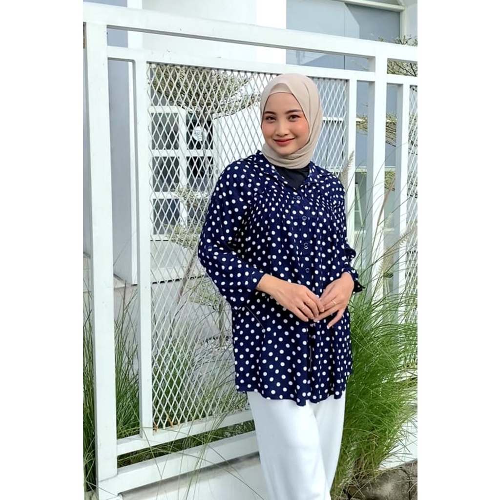 NHM Kemeja Wanita Rayon Oversize, Baju Atasan Jumbo Motif Polka