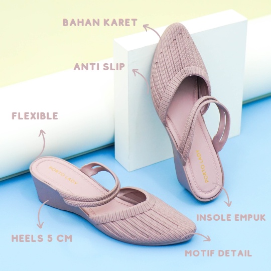 BAT - Porto Leveling Sepatu Wedges Heels Wanita Casual Tali Karet Nyaman Awet Empuk Original Porto Lady