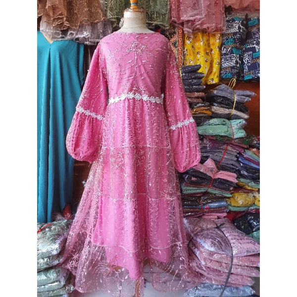 Baju Pesta Anak Raina Bahan Brukat Tile / Gamis Brukat Anak